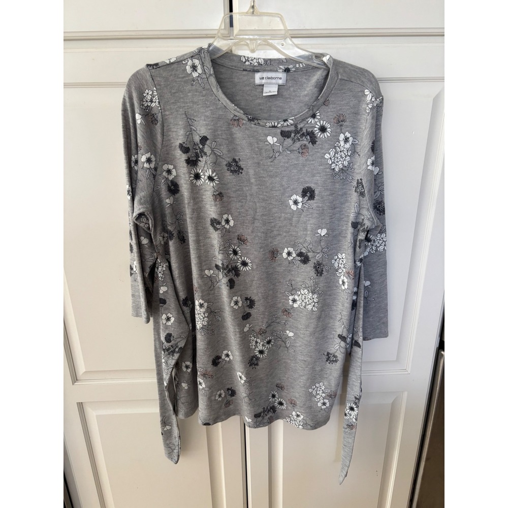 Liz Claiborne Womens Gray Floral 3/4 Sleeve Tie Back Knit Top XL